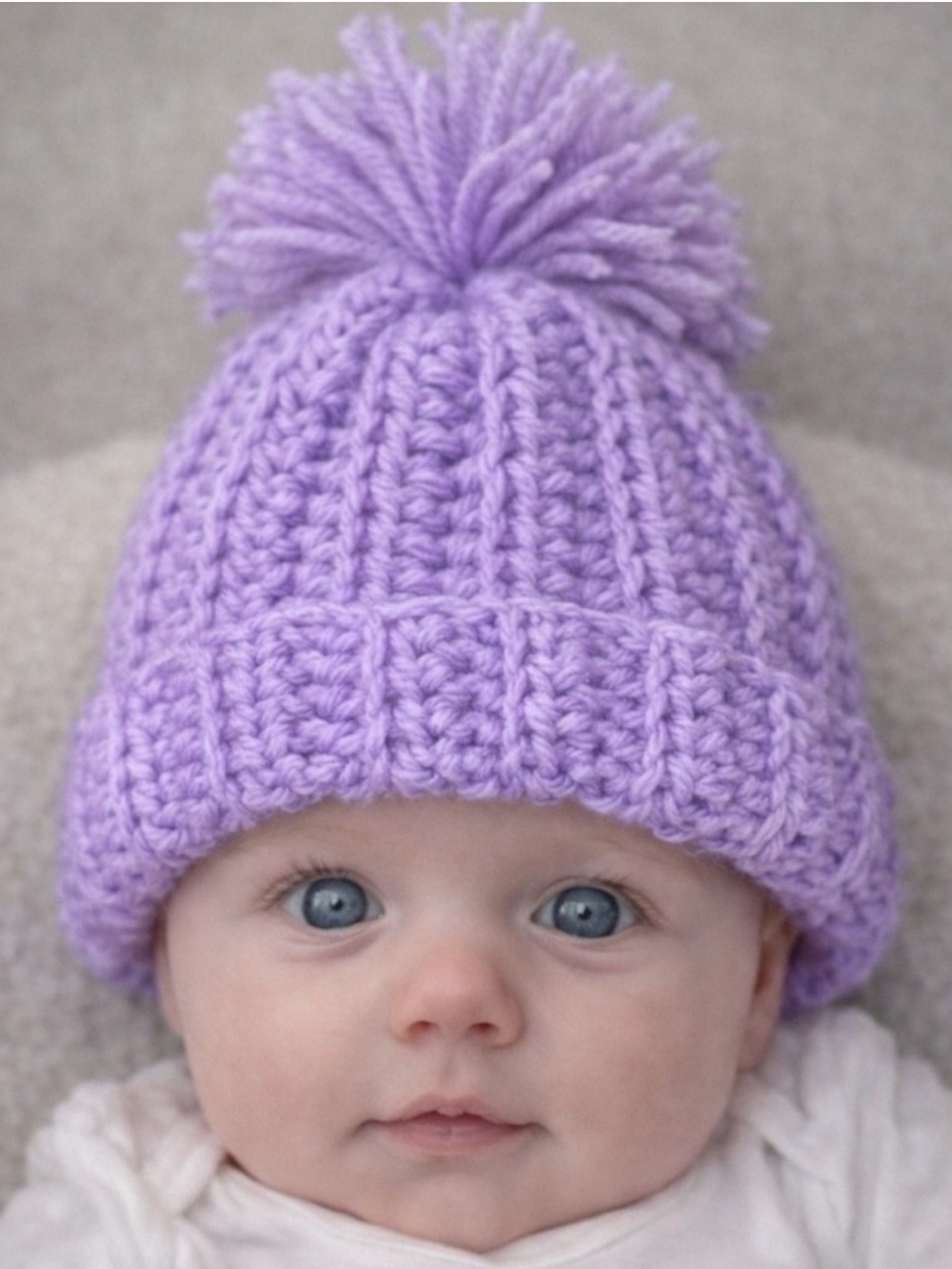 Handmade Crochet Baby Beanie 0-3 Months Lavender Purple Pom Hat